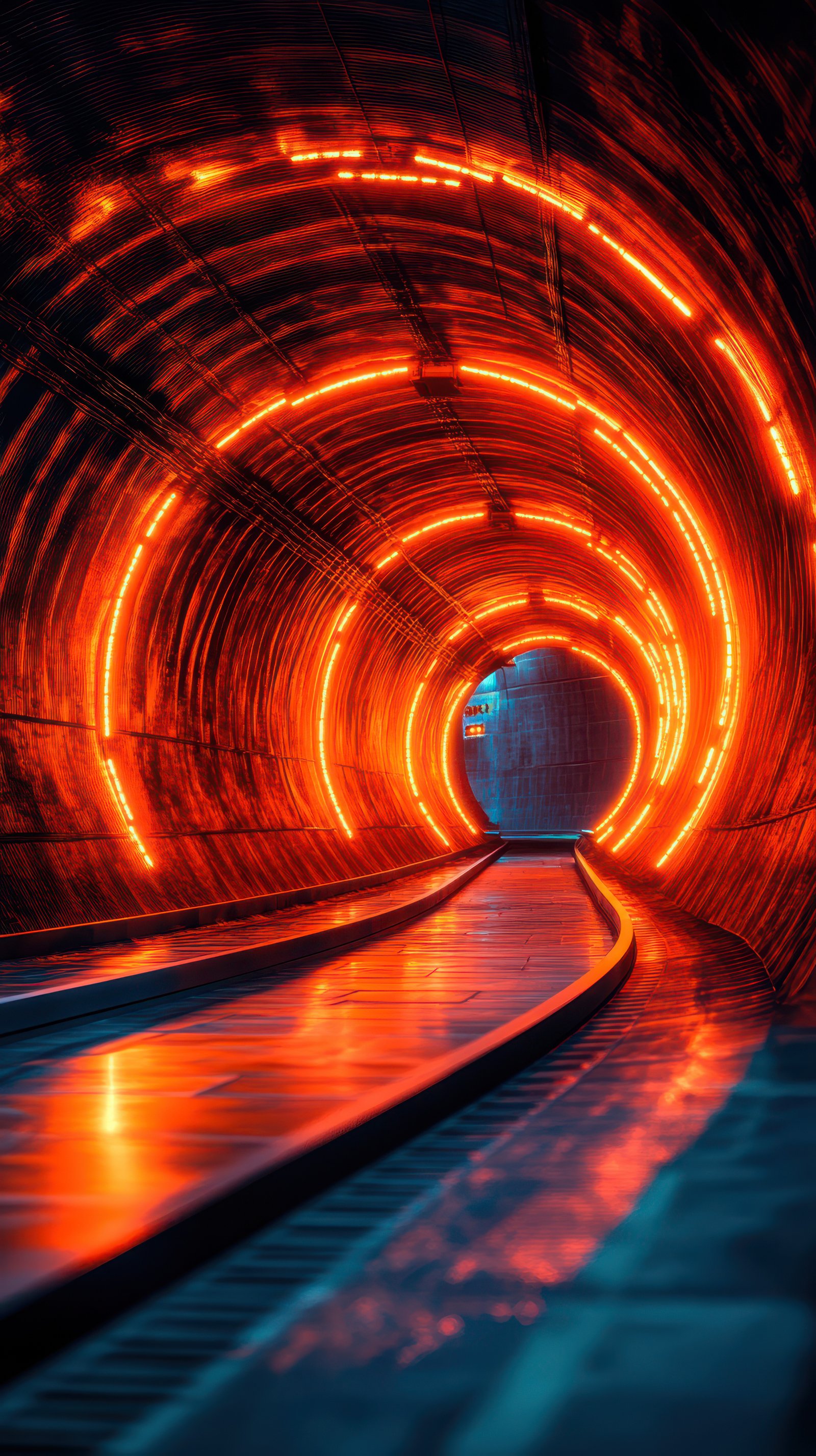 Enigmatic tunnel with vibrant orange lights leading toward an unknown destination in a futuristic setting